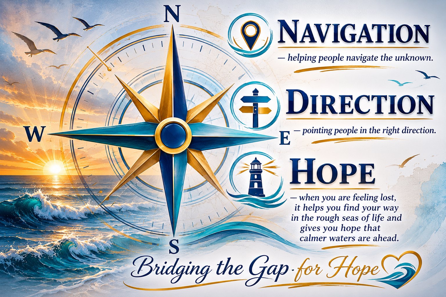 A compass rose over a sunrise sea: Navigation, helping people navigate the unknown. Direction, pointing people in the right direction. Hope, helping you find your way in the rough seas of life.